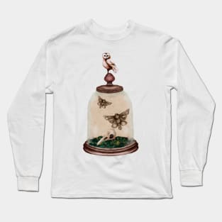 Watercolor Barn Owl Hummingbird Skull and Death Moth Dark Academia Cloche With Raven Botanical Green Moss Halloween Watercolor Long Sleeve T-Shirt